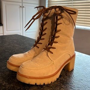Tan, lace up heeled boots